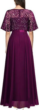 Women's Lace Sequin Flutter Sleeve Maxi Dress