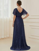 Women's Sparkling Ruffle Sleeve V-Neck Maxi Dress
