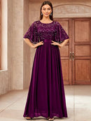Women's Lace Sequin Flutter Sleeve Maxi Dress
