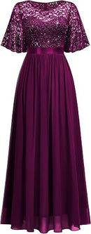 Women's Lace Sequin Flutter Sleeve Maxi Dress