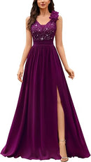 Women's Sequin Lace V-Neck Maxi Dress with High Split