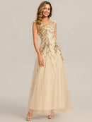 Women's Gold Sequin V-Neck Tulle Evening Gown