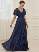 Women's Sparkling Ruffle Sleeve V-Neck Maxi Dress