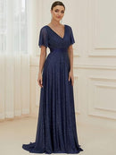 Women's Sparkling Ruffle Sleeve V-Neck Maxi Dress