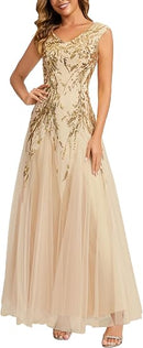 Women's Gold Sequin V-Neck Tulle Evening Gown
