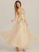 Women's Gold Sequin V-Neck Tulle Evening Gown