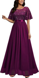 Women's Lace Sequin Flutter Sleeve Maxi Dress