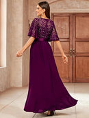 Women's Lace Sequin Flutter Sleeve Maxi Dress