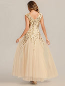 Women's Gold Sequin V-Neck Tulle Evening Gown