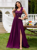 Women's Sequin Lace V-Neck Maxi Dress with High Split