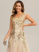 Women's Gold Sequin V-Neck Tulle Evening Gown