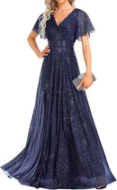 Women's Sparkling Ruffle Sleeve V-Neck Maxi Dress