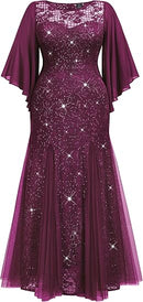 Plus Size Butterfly Sleeve Sequin Mermaid Dress